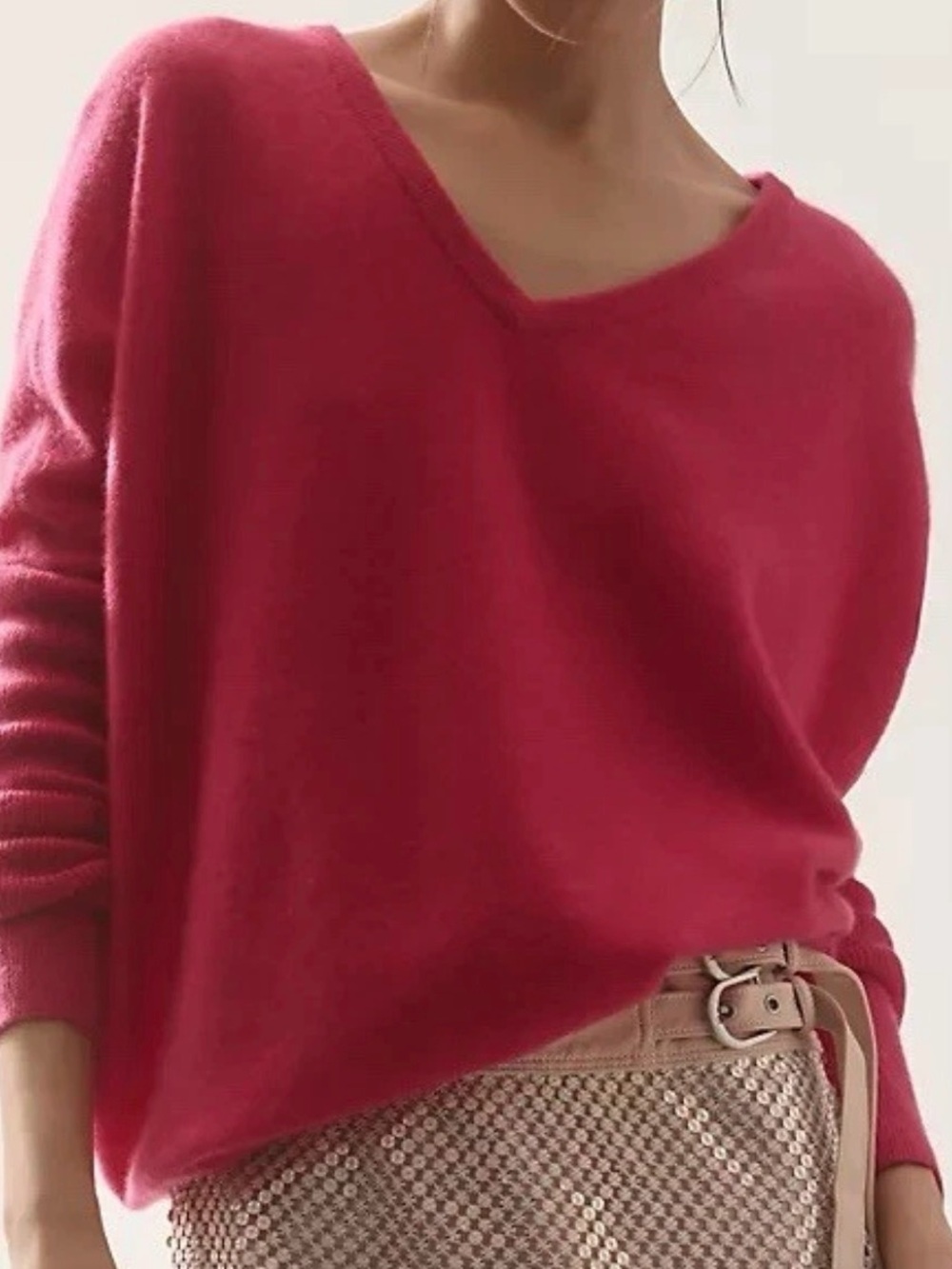 Anthropologie Maeve Cashmere Women's V-Neck Sweater in Fuchsia Pink